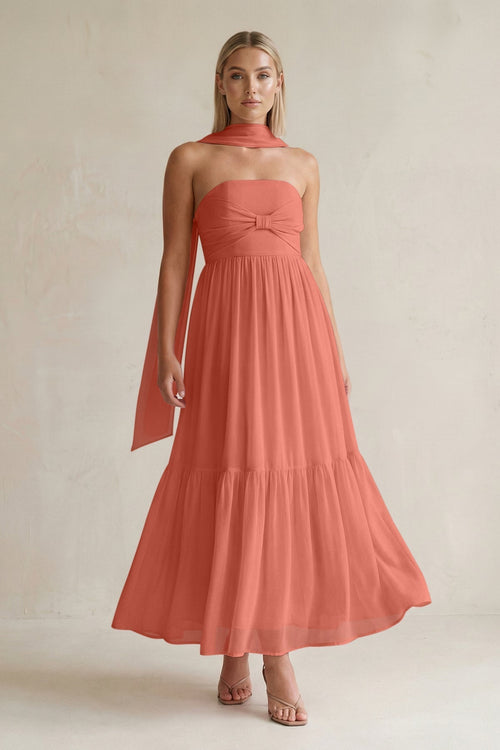 Strapless A - Line Chiffon Ruffled Bridesmaid Dress With Ribbon in Wild Rose - KissProm Bridesmaid Dresses