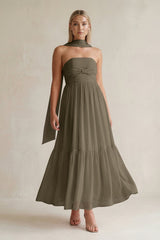 Strapless A - Line Chiffon Ruffled Bridesmaid Dress With Ribbon in Willow Green - KissProm Bridesmaid Dresses