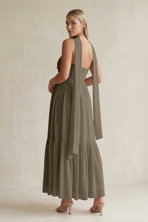 Strapless A - Line Chiffon Ruffled Bridesmaid Dress With Ribbon in Willow Green - KissProm Bridesmaid Dresses