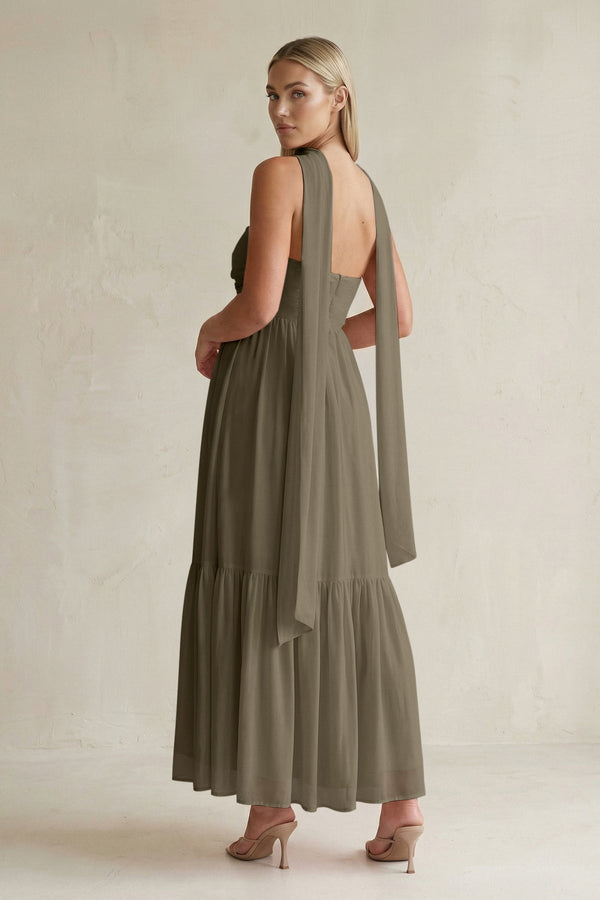 Strapless A - Line Chiffon Ruffled Bridesmaid Dress With Ribbon in Willow Green - KissProm Bridesmaid Dresses