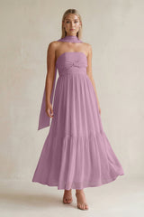 Strapless A - Line Chiffon Ruffled Bridesmaid Dress With Ribbon in Wisteria - KissProm Bridesmaid Dresses