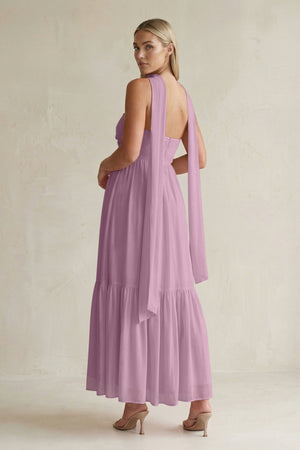 Strapless A - Line Chiffon Ruffled Bridesmaid Dress With Ribbon in Wisteria - KissProm Bridesmaid Dresses