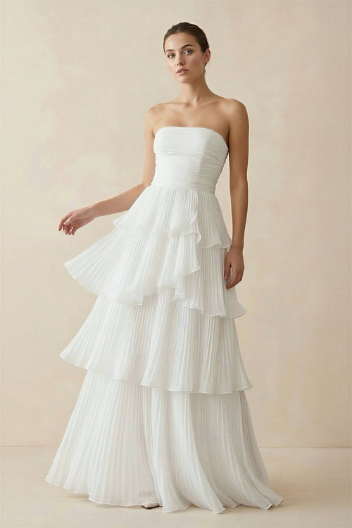 KissProm Cute A-Line Chiffon Strapless Tiered Wedding Dresses, Diamond White / 14