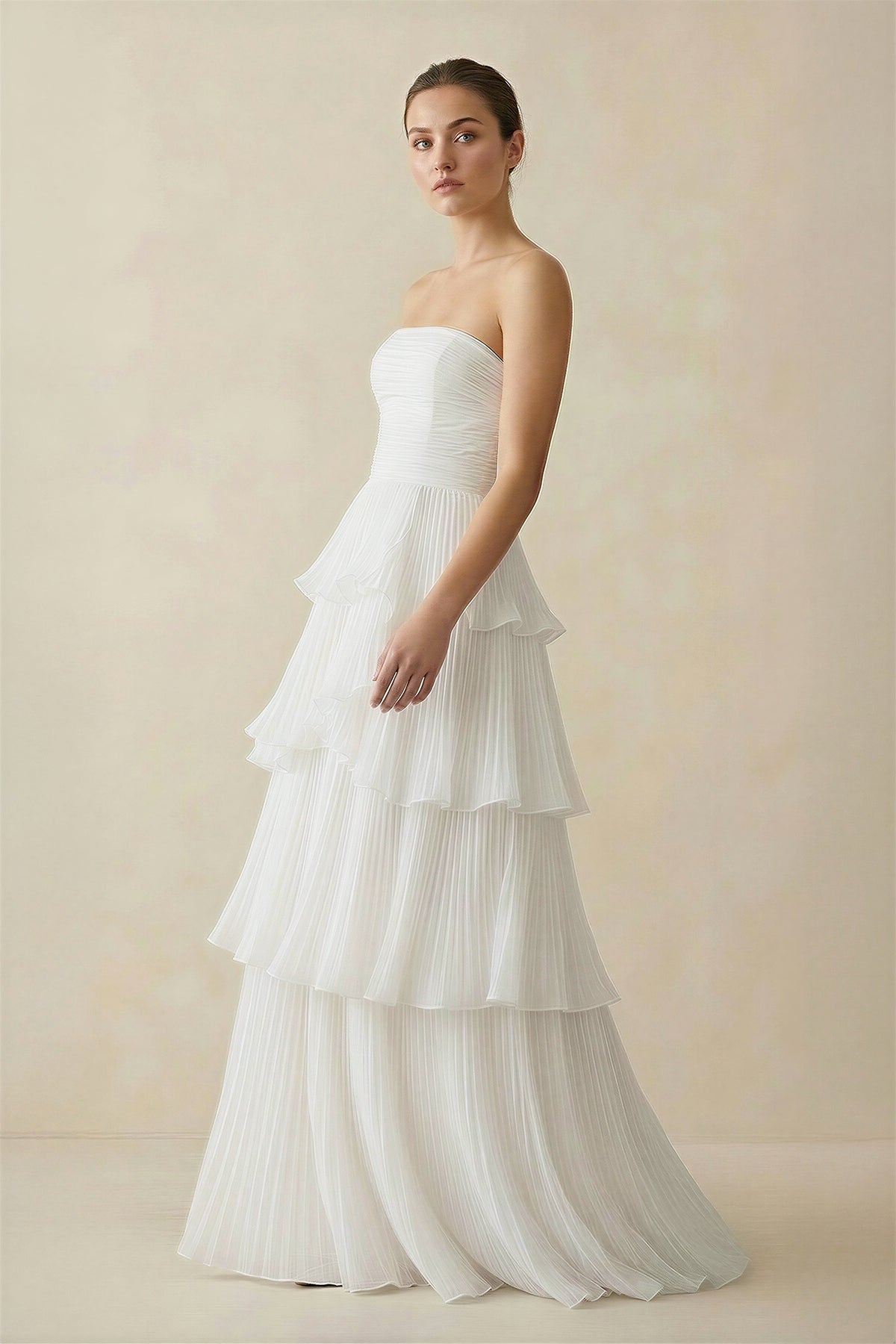 KissProm Cute A-Line Chiffon Strapless Tiered Wedding Dresses, Diamond White / 14