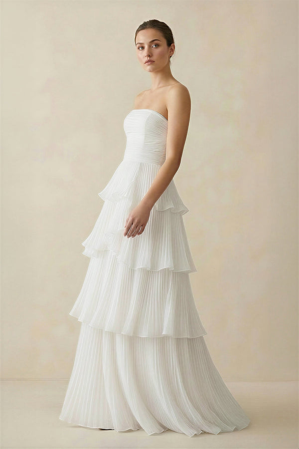 KissProm Cute A-Line Chiffon Strapless Tiered Wedding Dresses, Diamond White / 14