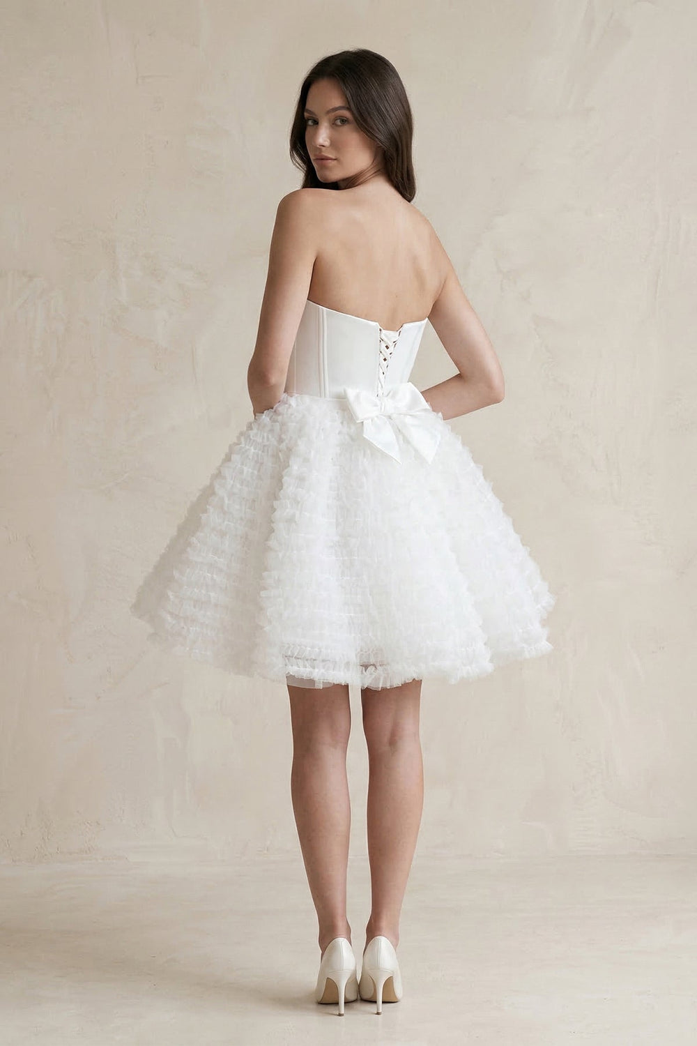 Strapless A - Line Corset Ruffled Tulle Wedding Dress in White - KissProm Wedding Dresses