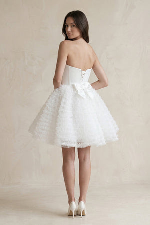 Strapless A - Line Corset Ruffled Tulle Wedding Dress in White - KissProm Wedding Dresses