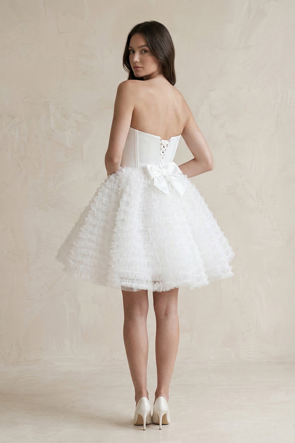 Strapless A - Line Corset Ruffled Tulle Wedding Dress in White - KissProm Wedding Dresses