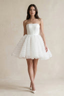 Strapless A - Line Corset Ruffled Tulle Wedding Dress in White - KissProm Wedding Dresses