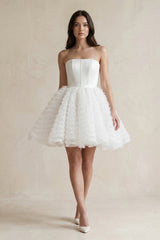 Strapless A - Line Corset Ruffled Tulle Wedding Dress in White - KissProm Wedding Dresses