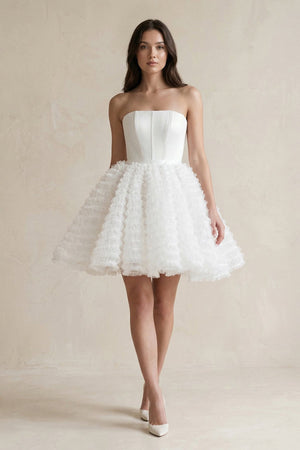 Strapless A - Line Corset Ruffled Tulle Wedding Dress in White - KissProm Wedding Dresses