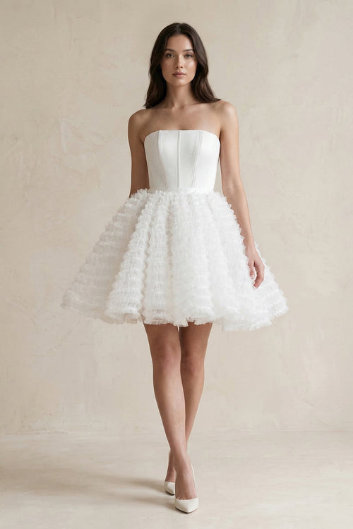Strapless A - Line Corset Ruffled Tulle Wedding Dress in White - KissProm Wedding Dresses