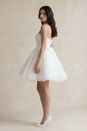 Strapless A - Line Corset Ruffled Tulle Wedding Dress in White - KissProm Wedding Dresses