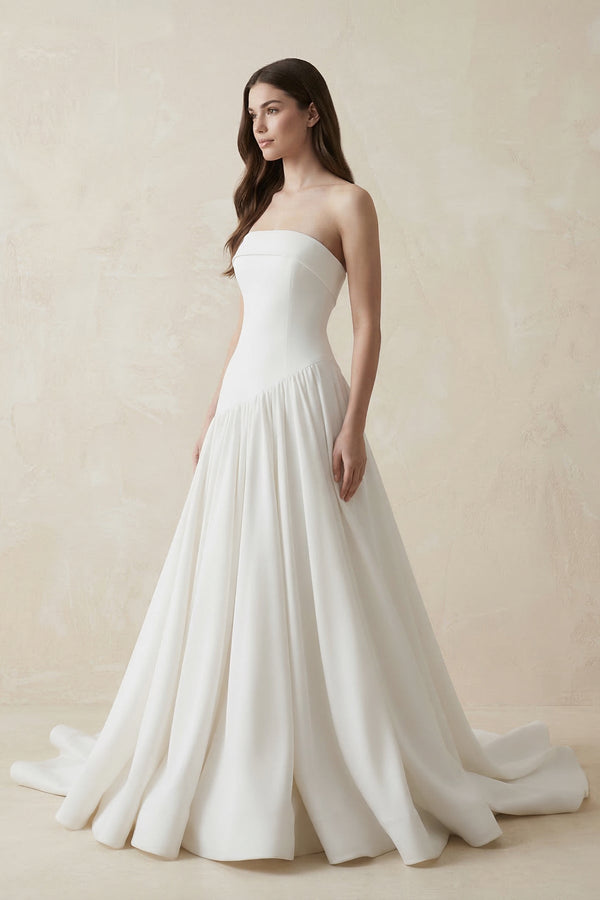 Strapless A - line Crepe Pleated Wedding Dress in White - KissProm Wedding Dresses