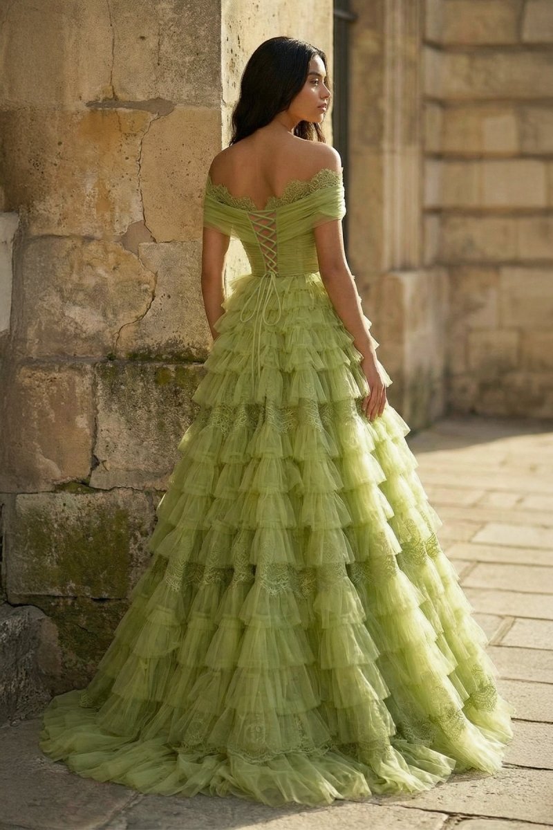 A Line Off the Shoulder Tulle Prom Dress, Green / 16