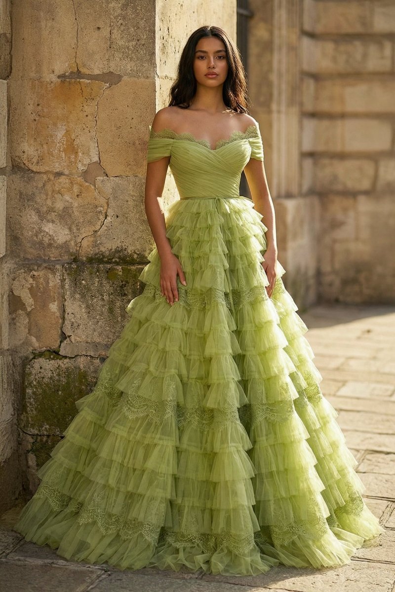A Line Off the Shoulder Tulle Prom Dress, Green / 16 A Line Off the Shoulder Tulle Prom Dress, Green / 16