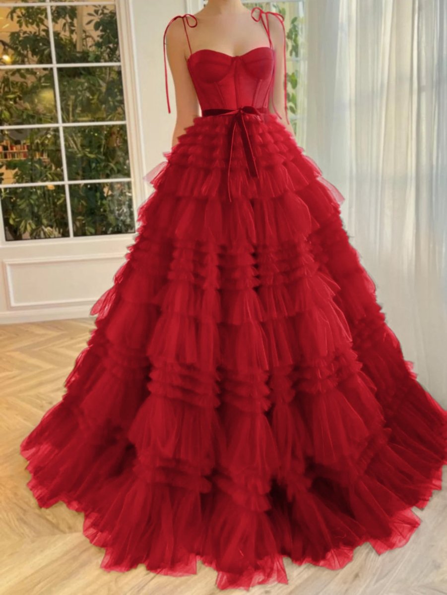A Line Strapless Fuchsia Tiered Long Tulle Prom Dress, Red / Custom Size