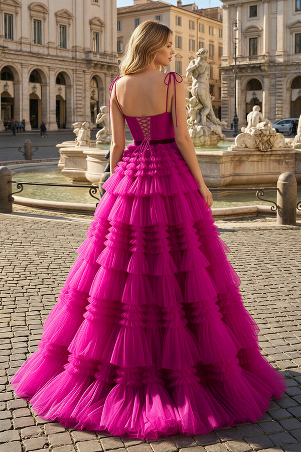 KissProm-A Line Strapless Fuchsia Tiered Long Tulle Prom Dress