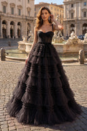 A Line Strapless Fuchsia Tiered Long Tulle Prom Dress - KissProm