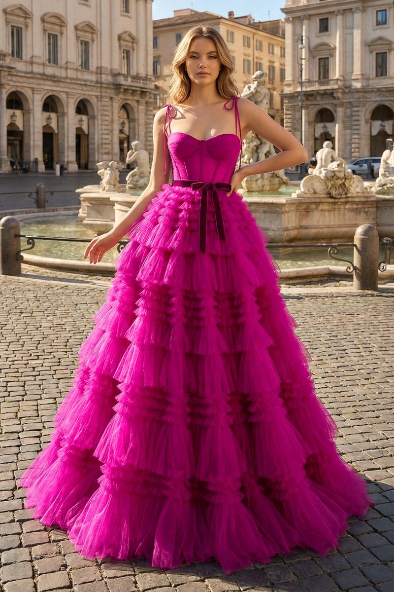 A Line Strapless Fuchsia Tiered Long Tulle Prom Dress - KissProm