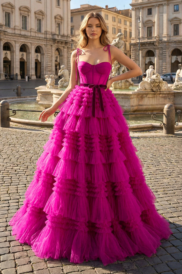 KissProm-A Line Strapless Fuchsia Tiered Long Tulle Prom Dress