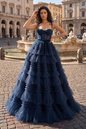 A Line Strapless Fuchsia Tiered Long Tulle Prom Dress - KissProm