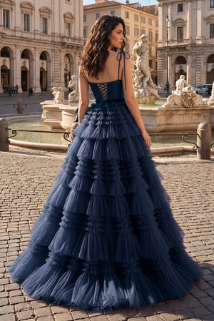 A Line Strapless Fuchsia Tiered Long Tulle Prom Dress - KissProm
