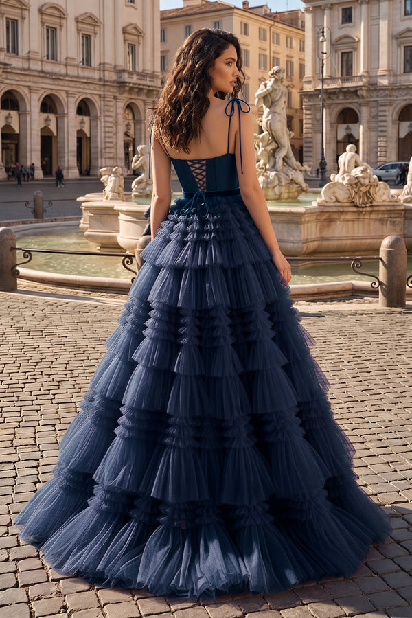 A Line Strapless Fuchsia Tiered Long Tulle Prom Dress - KissProm