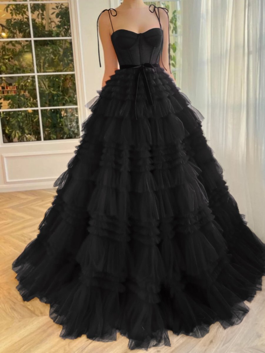 A Line Strapless Fuchsia Tiered Long Tulle Prom Dress, Red / Custom Size