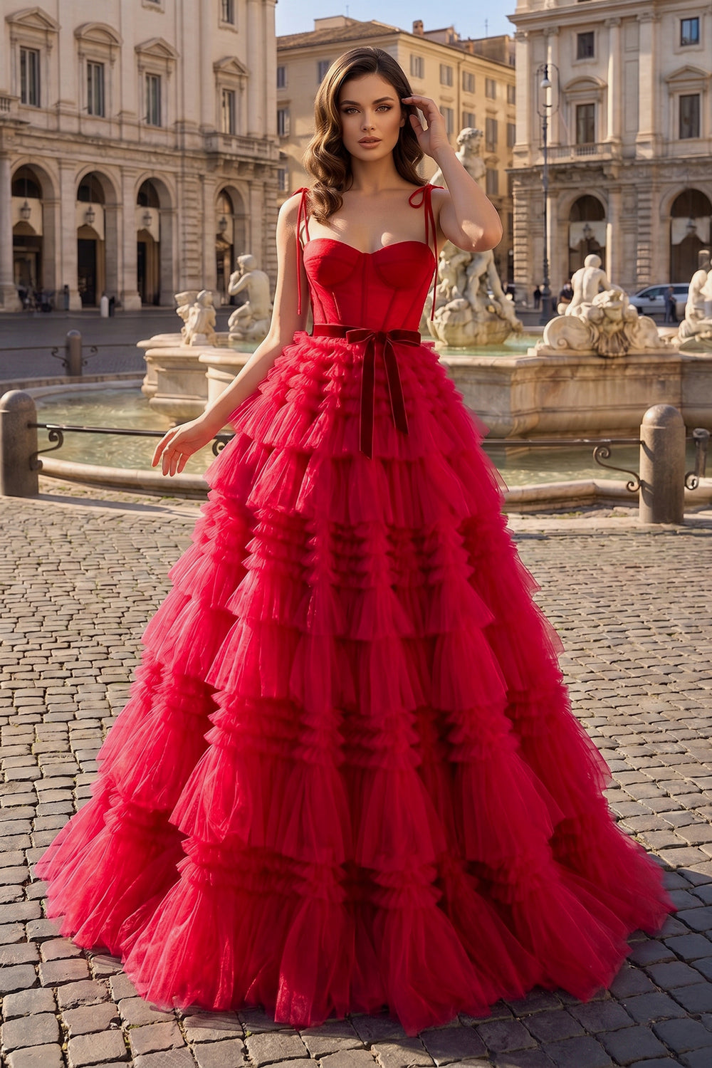 A Line Strapless Fuchsia Tiered Long Tulle Prom Dress - KissProm