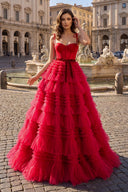 A Line Strapless Fuchsia Tiered Long Tulle Prom Dress - KissProm