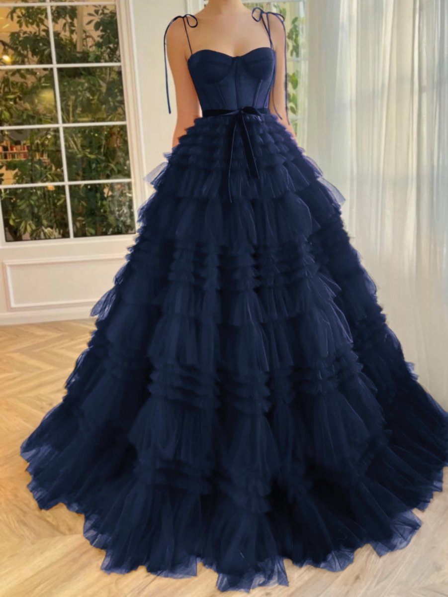 A Line Strapless Fuchsia Tiered Long Tulle Prom Dress, Red / Custom Size
