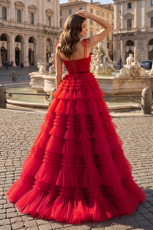 A Line Strapless Fuchsia Tiered Long Tulle Prom Dress - KissProm