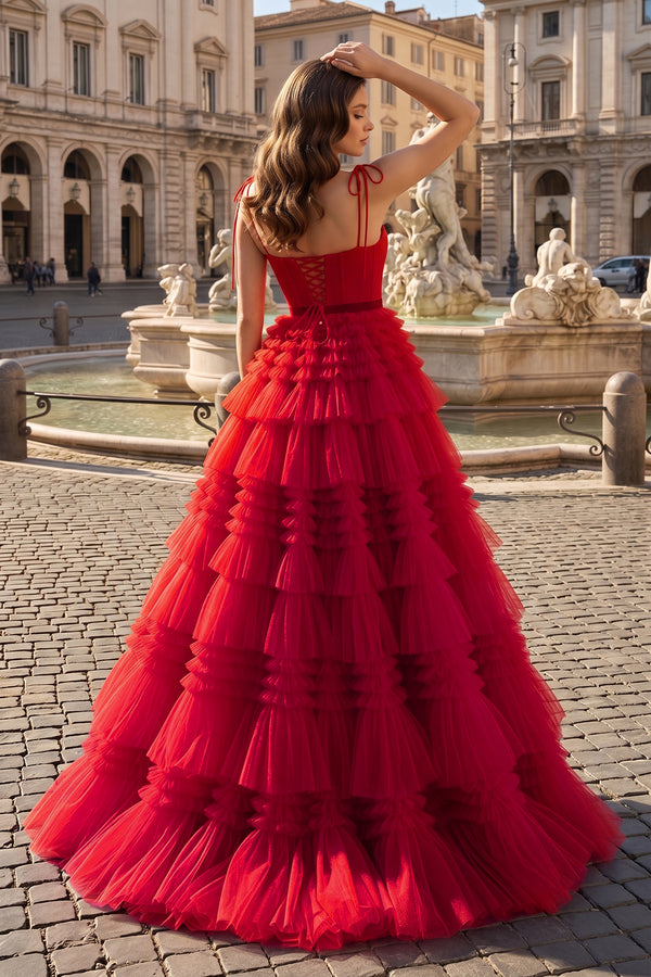 A Line Strapless Fuchsia Tiered Long Tulle Prom Dress - KissProm