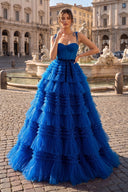 A Line Strapless Fuchsia Tiered Long Tulle Prom Dress - KissProm
