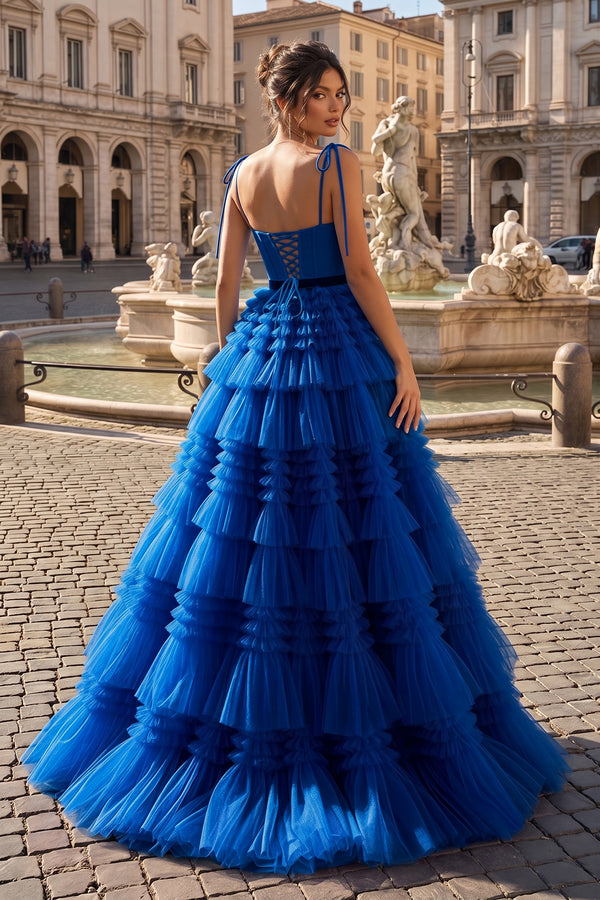 A Line Strapless Fuchsia Tiered Long Tulle Prom Dress - KissProm