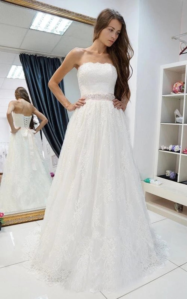 Strapless A - Line Lace Wedding Dress With Beading on Waist - KissProm