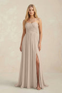 Strapless A - Line Pleated Chiffon Bridesmaid Dress With Slit in Almond - KissProm Bridesmaid Dresses