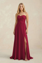 Strapless A - Line Pleated Chiffon Bridesmaid Dress With Slit in Berry - KissProm Bridesmaid Dresses