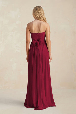 Strapless A - Line Pleated Chiffon Bridesmaid Dress With Slit in Berry - KissProm Bridesmaid Dresses