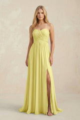 Strapless A - Line Pleated Chiffon Bridesmaid Dress With Slit in Buttercup - KissProm Bridesmaid Dresses