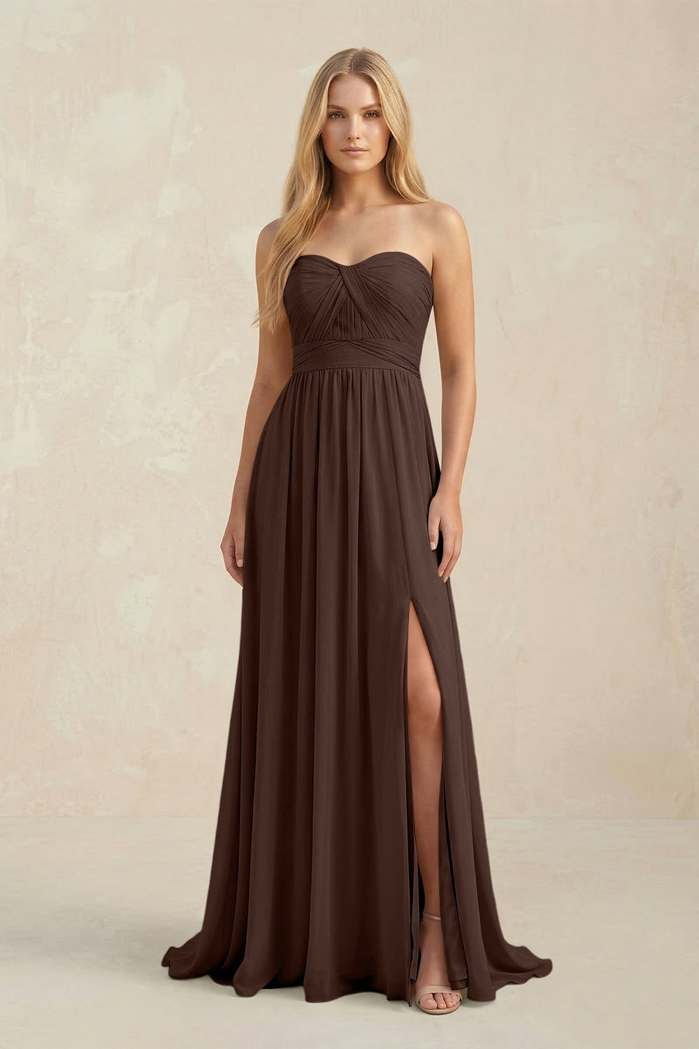 Strapless A - Line Pleated Chiffon Bridesmaid Dress With Slit in Espresso - KissProm Bridesmaid Dresses