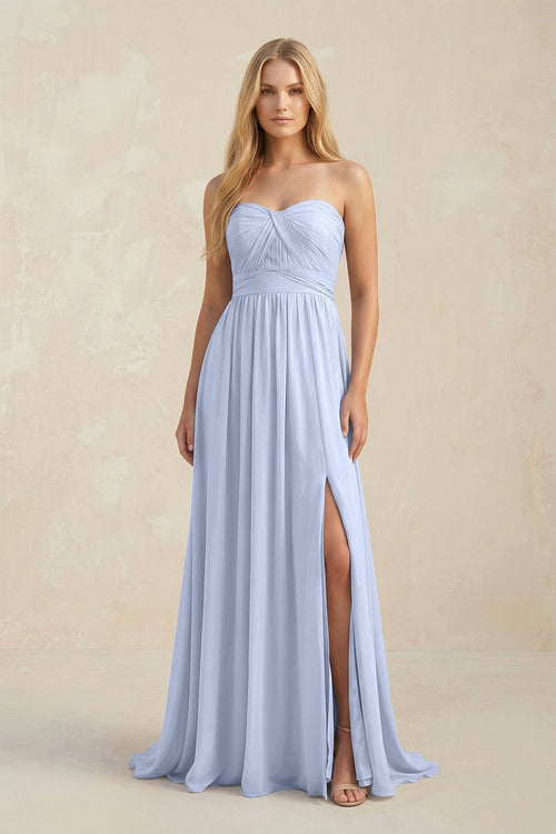 KissProm Sweetheart A-Line Pleated Chiffon Bridesmaid Dress With Slit in Ice, Ice / Custom Size( Free )