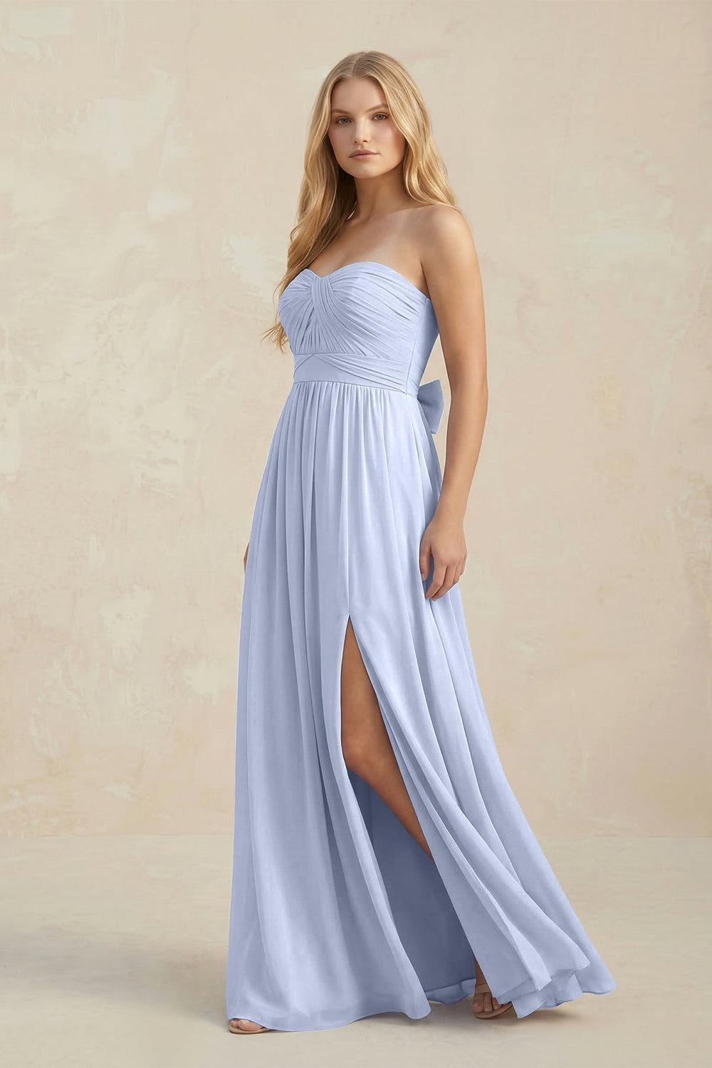 Strapless A - Line Pleated Chiffon Bridesmaid Dress With Slit in Ice - KissProm Bridesmaid Dresses