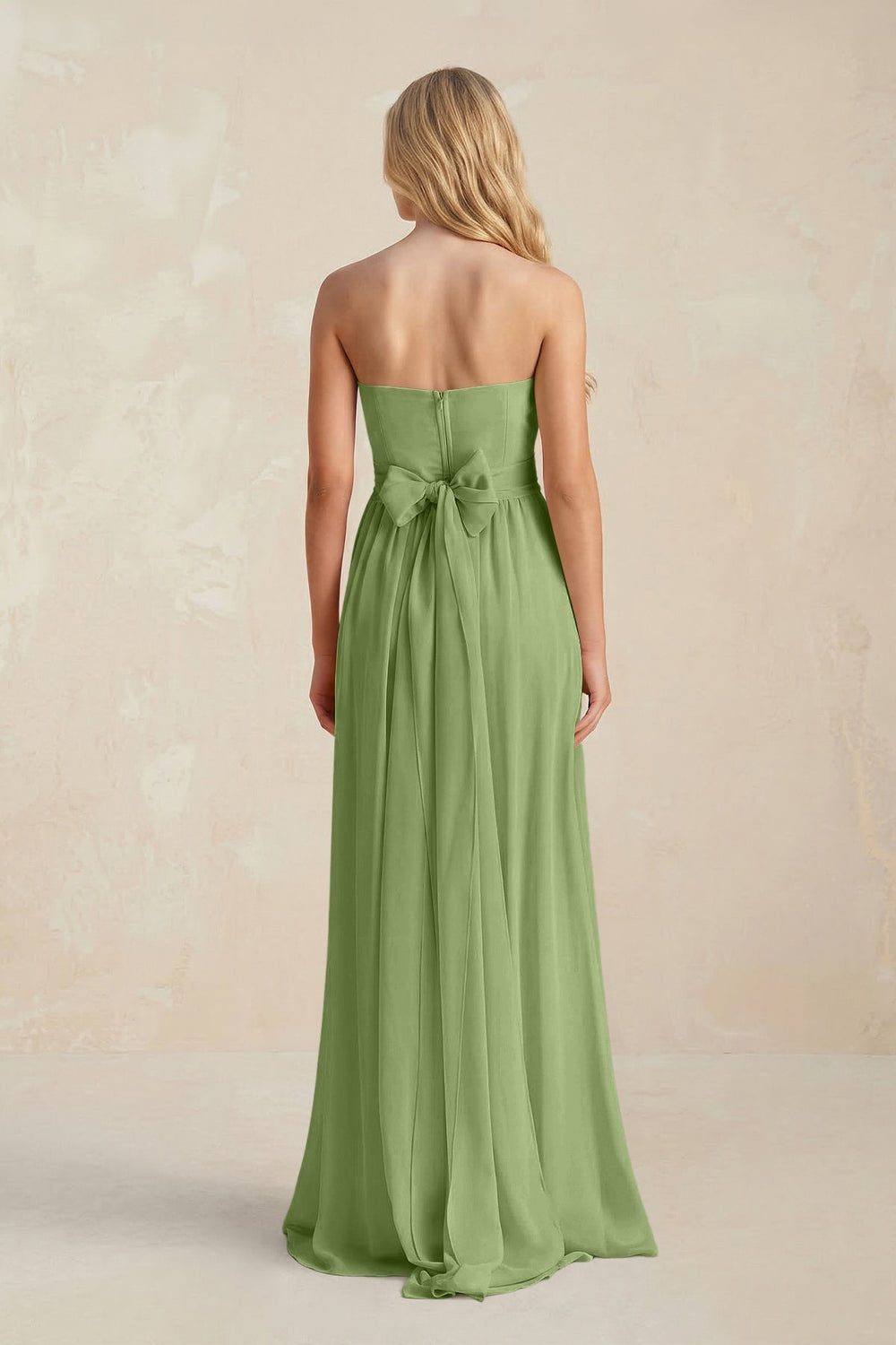 Strapless A - Line Pleated Chiffon Bridesmaid Dress With Slit in Matcha - KissProm Bridesmaid Dresses