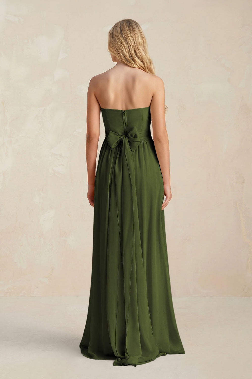 Strapless A - Line Pleated Chiffon Bridesmaid Dress With Slit in Olive - KissProm Bridesmaid Dresses