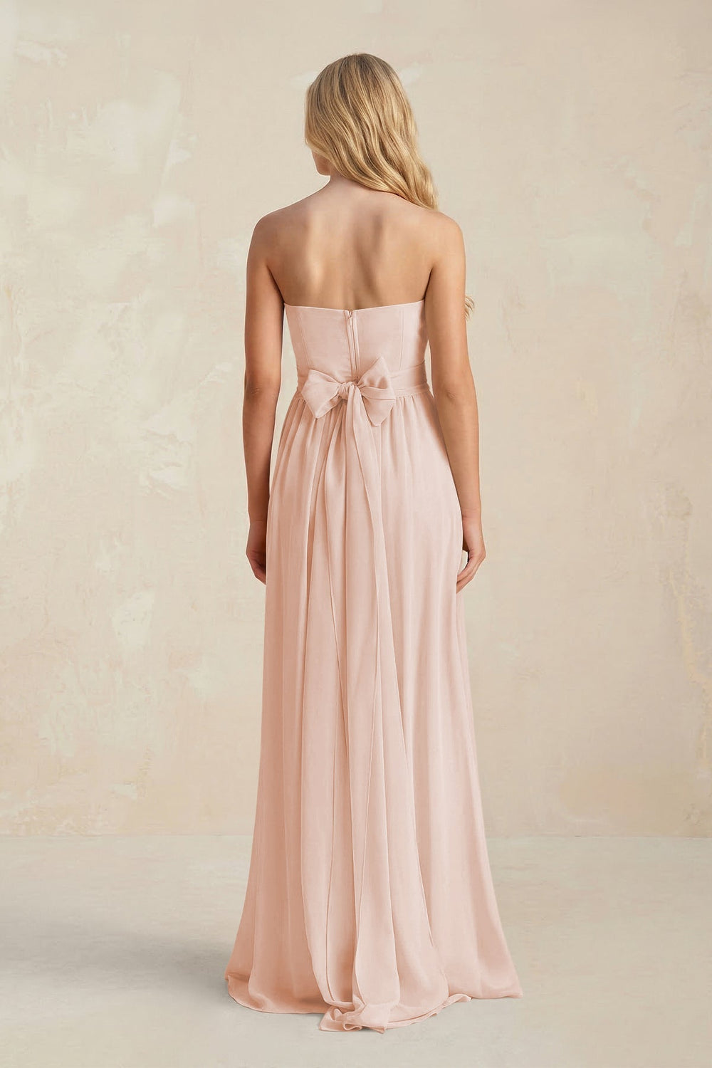 Strapless A - Line Pleated Chiffon Bridesmaid Dress With Slit in Pale Blush - KissProm Bridesmaid Dresses