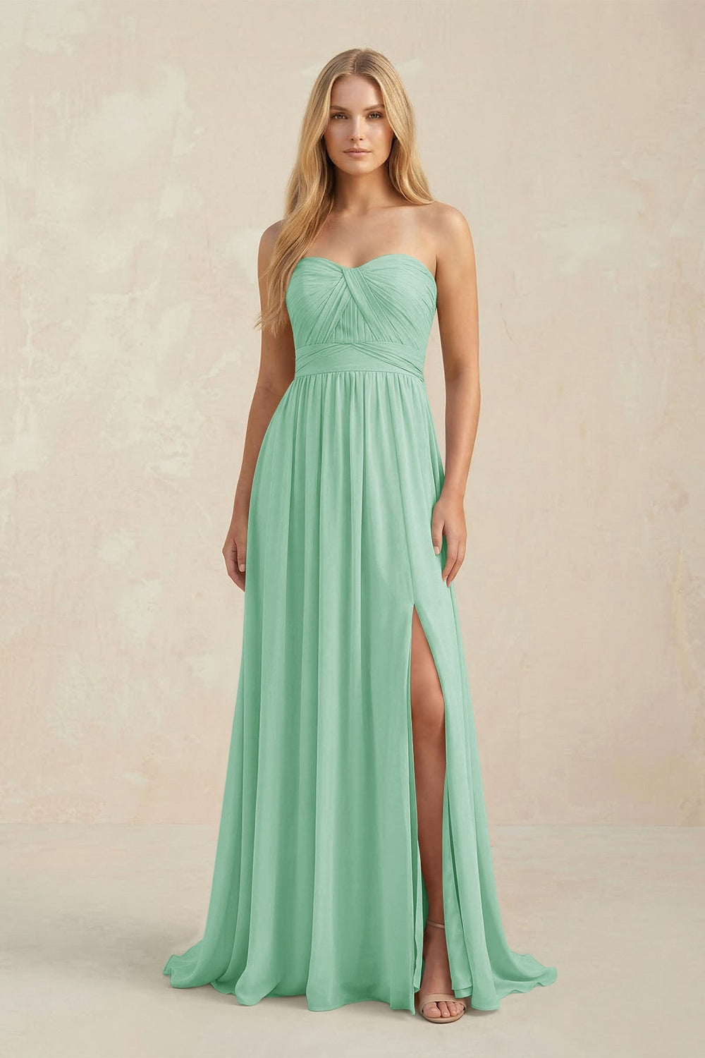 Strapless A - Line Pleated Chiffon Bridesmaid Dress With Slit in Pale Pistachio - KissProm Bridesmaid Dresses