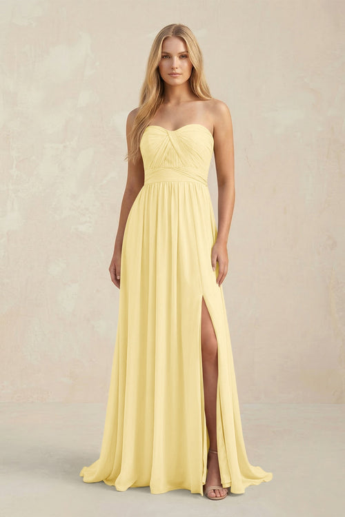 Strapless A - Line Pleated Chiffon Bridesmaid Dress With Slit in Pastel Yellow - KissProm Bridesmaid Dresses