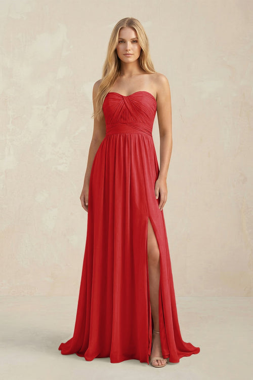 Strapless A - Line Pleated Chiffon Bridesmaid Dress With Slit in Ruby Red - KissProm Bridesmaid Dresses